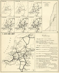 830370 Kaart van de ontwikkeling van het Nederlandse spoorwegnetwerk, met de situaties van 1850, 1860, 1870, 1880, 1890 ...